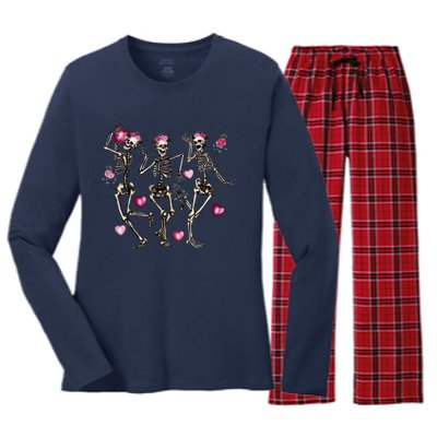 Funny Valentines Day Dancing Skeleton Valentines Women's Long Sleeve Flannel Pajama Set 