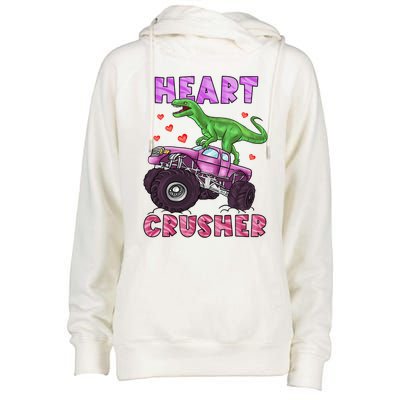 Funny Valentines Day Graphic Gift Heart Dinosaur Crusher Meaningful Gift Womens Funnel Neck Pullover Hood