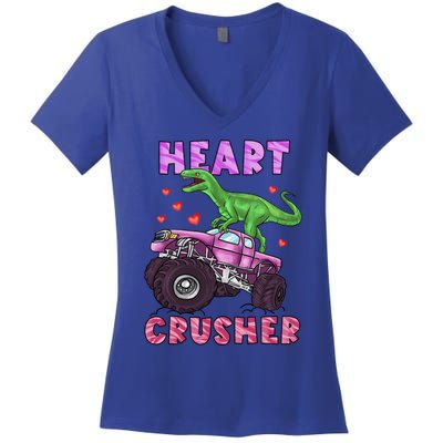 Funny Valentines Day Graphic Gift Heart Dinosaur Crusher Meaningful Gift Women's V-Neck T-Shirt