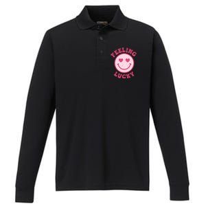 Funny Valentines Day Feeling Lucky Pink Smile Face Trendy Funny Gift Performance Long Sleeve Polo