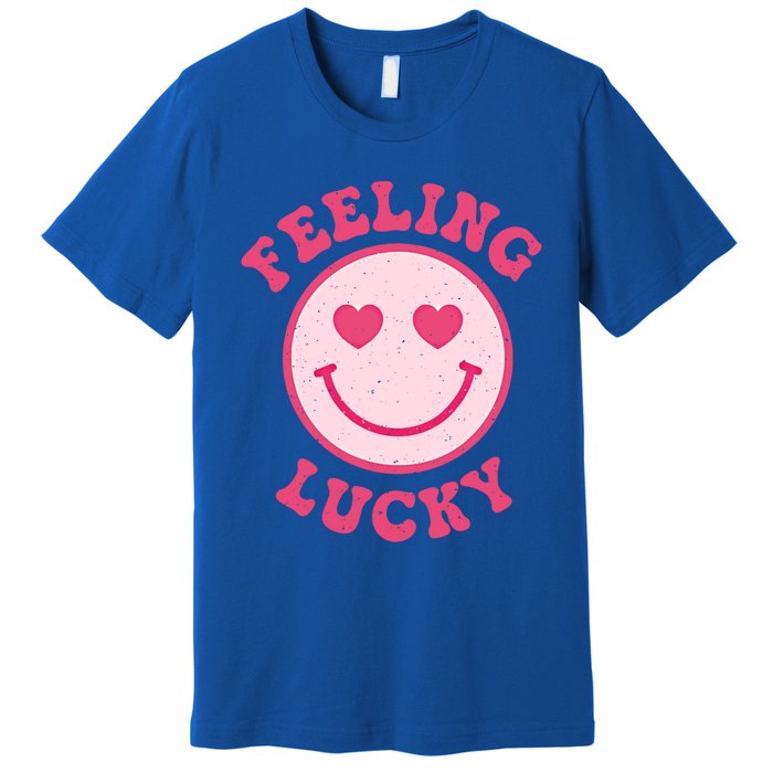 Funny Valentines Day Feeling Lucky Pink Smile Face Trendy Funny Gift Premium T-Shirt