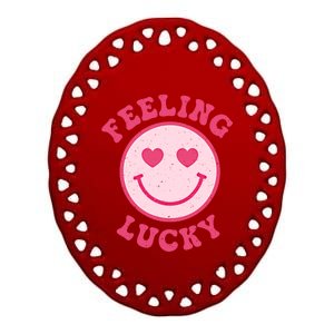 Funny Valentines Day Feeling Lucky Pink Smile Face Trendy Funny Gift Ceramic Oval Ornament