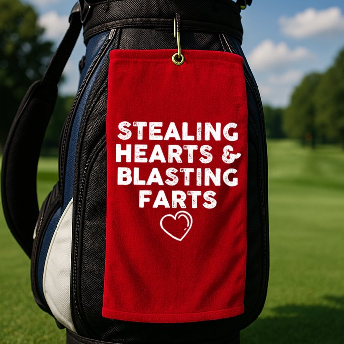 Funny ValentineS Day Stealing Hearts And Blasting Farts Golf Towel