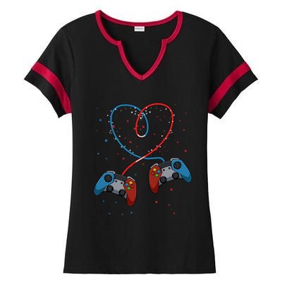 Funny Valentine's Day Gamer Couple Gift Controllers Heart Gift Ladies Halftime Notch Neck Tee