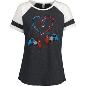 Funny Valentine's Day Gamer Couple Gift Controllers Heart Gift Enza Ladies Jersey Colorblock Tee