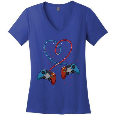 Funny Valentine's Day Gamer Couple Gift Controllers Heart Gift Women's V-Neck T-Shirt