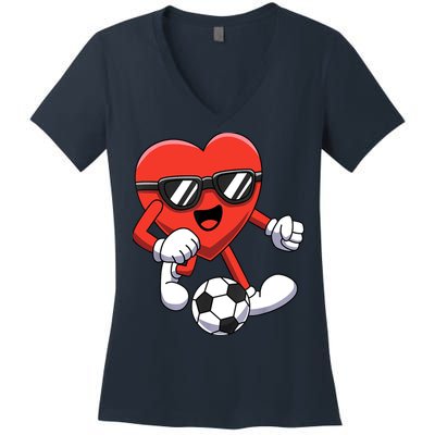 Funny Valentines Day Heart Playing Soccer Boy Girl Women's V-Neck T-Shirt
