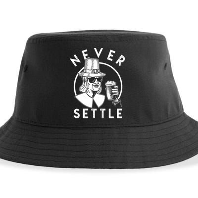 Funny Vintage Drinking Thanksgiving Pilgrim Never Settle Sustainable Bucket Hat