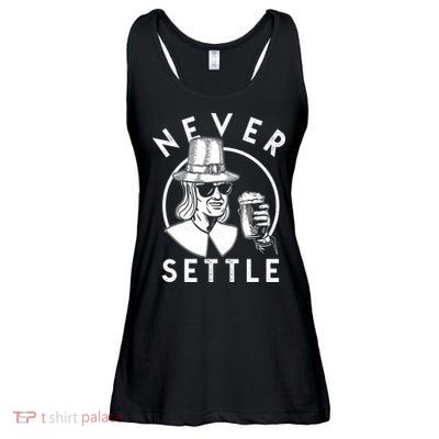 Funny Vintage Drinking Thanksgiving Pilgrim Never Settle Ladies Essential Flowy Tank