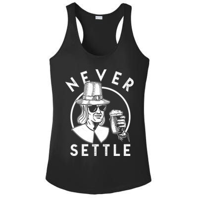 Funny Vintage Drinking Thanksgiving Pilgrim Never Settle Ladies PosiCharge Competitor Racerback Tank
