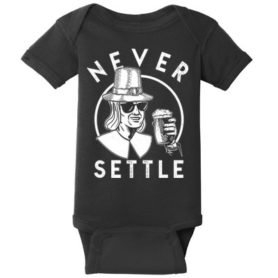 Funny Vintage Drinking Thanksgiving Pilgrim Never Settle Baby Bodysuit