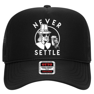 Funny Vintage Drinking Thanksgiving Pilgrim Never Settle Trucker Hat