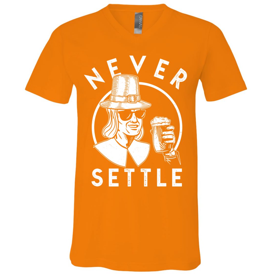 Funny Vintage Drinking Thanksgiving Pilgrim Never Settle V-Neck T-Shirt
