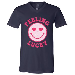 Funny Valentines Day Feeling Lucky Pink Smile Face Trendy V-Neck T-Shirt