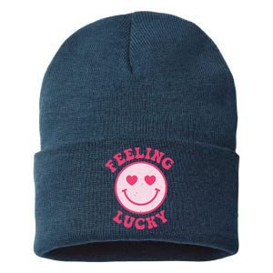 Funny Valentines Day Feeling Lucky Pink Smile Face Trendy Sustainable Knit Beanie