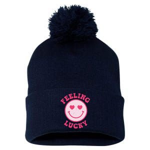 Funny Valentines Day Feeling Lucky Pink Smile Face Trendy Pom Pom 12in Knit Beanie