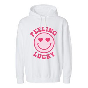 Funny Valentines Day Feeling Lucky Pink Smile Face Trendy Garment-Dyed Fleece Hoodie