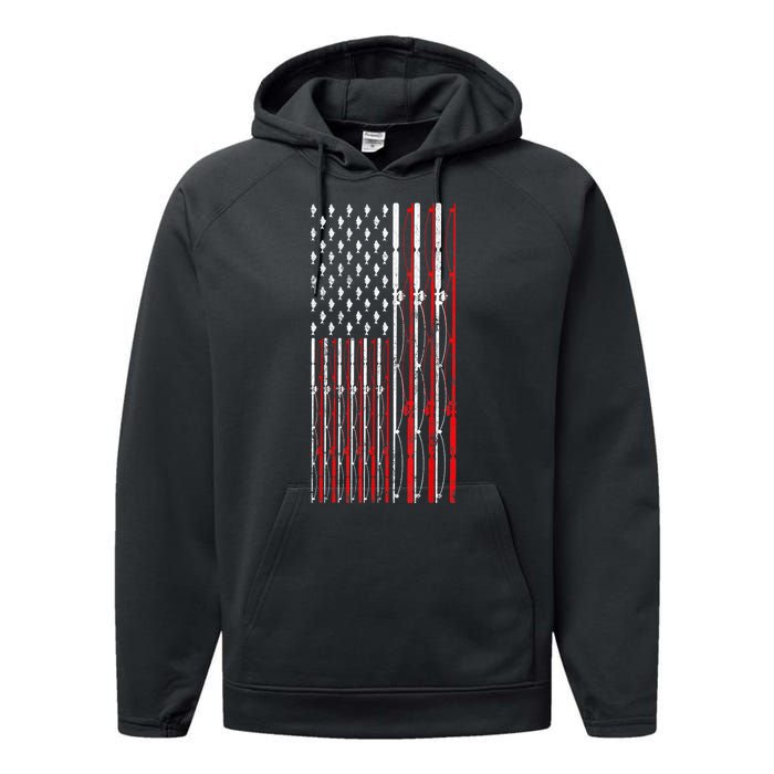 Funny Vintage Fishing American Flag Fishing Rod Gift Performance Fleece Hoodie