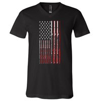 Funny Vintage Fishing American Flag Fishing Rod Gift V-Neck T-Shirt