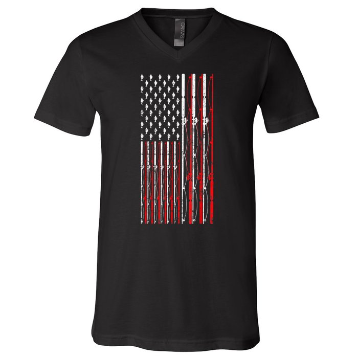 Funny Vintage Fishing American Flag Fishing Rod Gift V-Neck T-Shirt