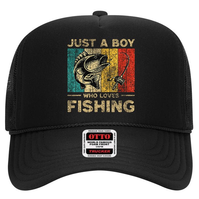 Funny Vintage Fishing Jokes Boy Fisherman Bass Fish High Crown Mesh Back Trucker Hat