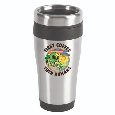 Funny Vintage First Coffee Then Human Alien Coffee Lover 16oz Travel Tumbler