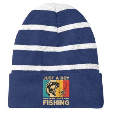 Funny Vintage Fishing Jokes Boy Fisherman Bass Fish Striped Beanie with Solid Band