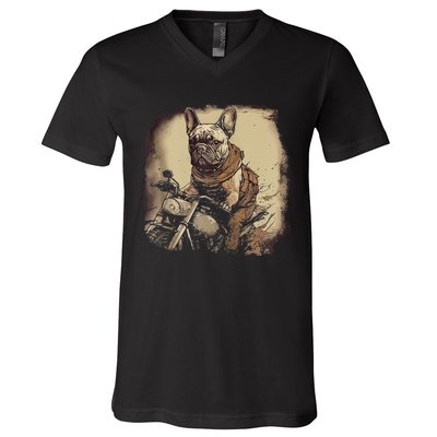 Funny Vintage French Bulldog Biker French Bulldog Motorcycle Zip Hoodie V-Neck T-Shirt