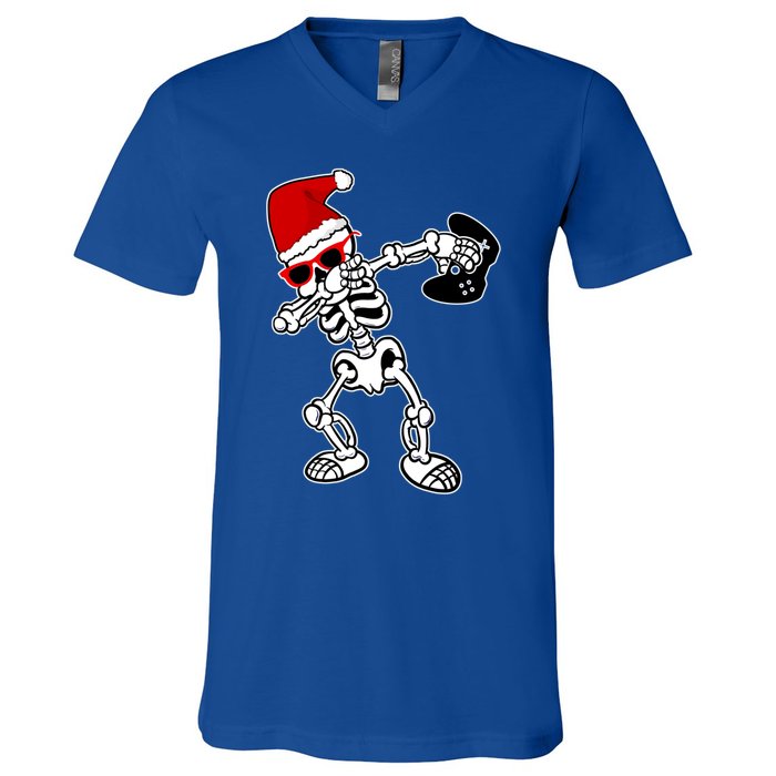 Funny Video Game Santa Dabbing Skeleton Christmas Gift Funny Gift V-Neck T-Shirt