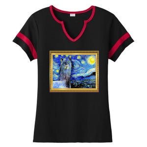 Funny Van Gogh Starry Night Llama Alpaca Ladies Halftime Notch Neck Tee