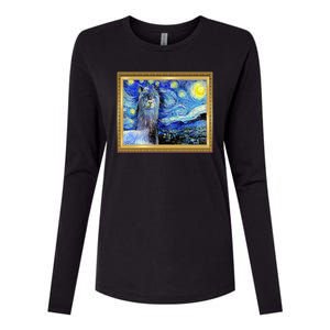 Funny Van Gogh Starry Night Llama Alpaca Womens Cotton Relaxed Long Sleeve T-Shirt