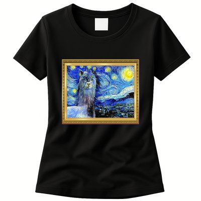 Funny Van Gogh Starry Night Llama Alpaca Womens T-Shirt