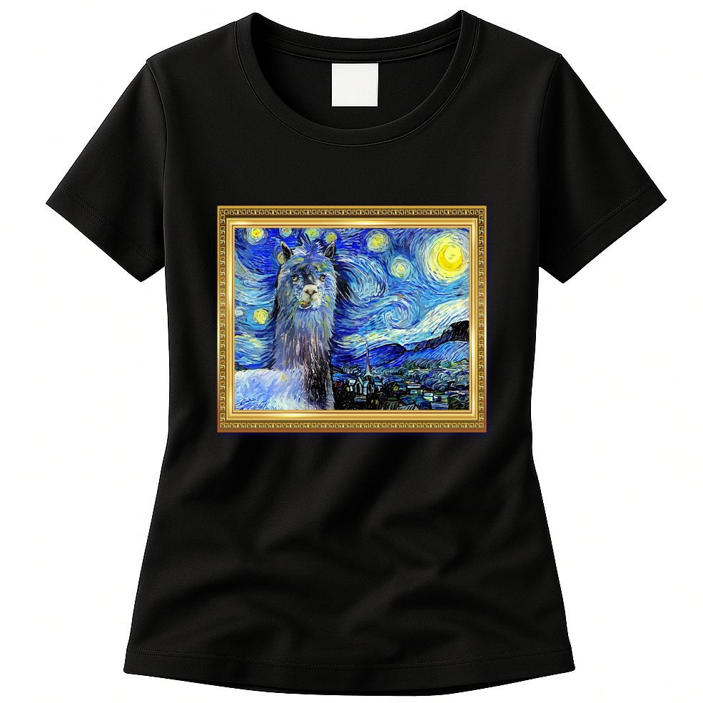 Funny Van Gogh Starry Night Llama Alpaca Womens T-Shirt