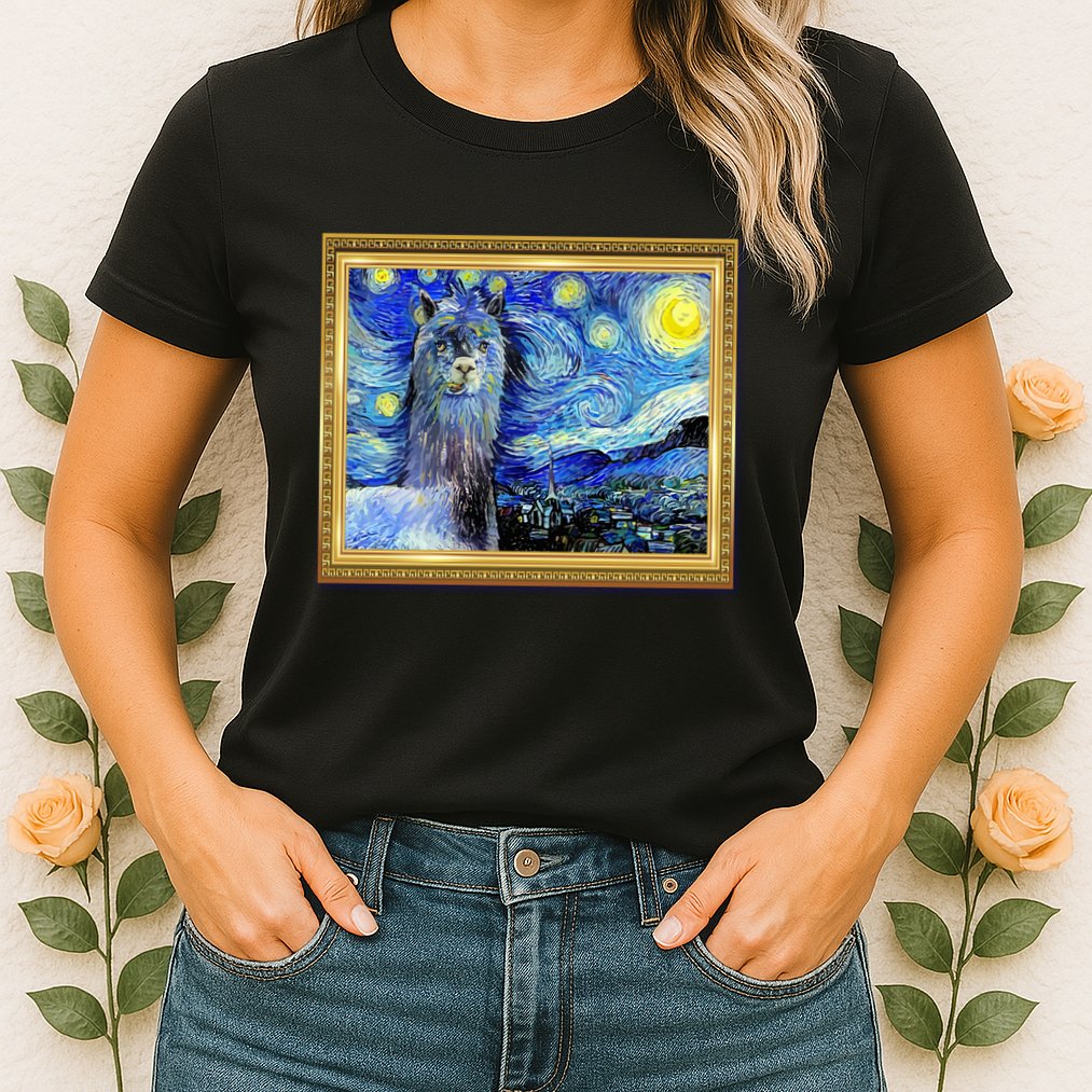 Funny Van Gogh Starry Night Llama Alpaca Womens T-Shirt