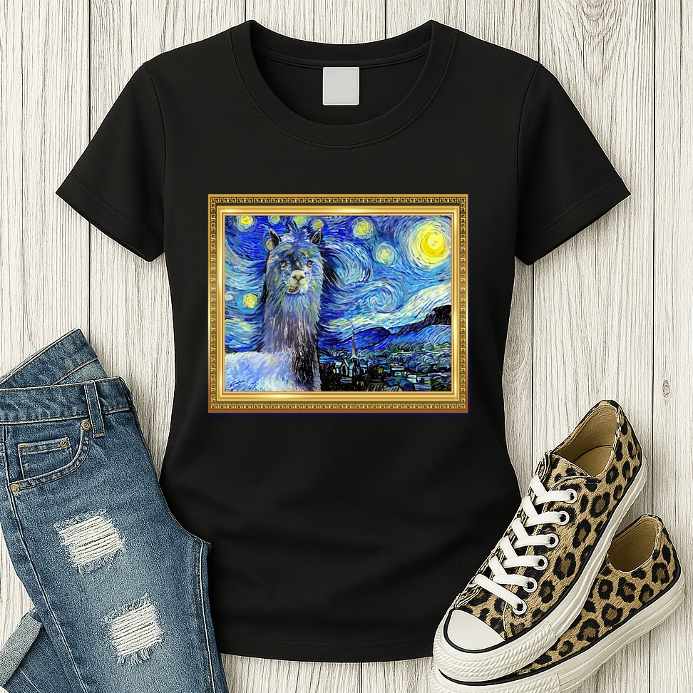 Funny Van Gogh Starry Night Llama Alpaca Womens T-Shirt