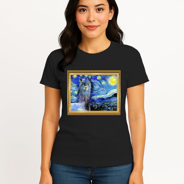 Funny Van Gogh Starry Night Llama Alpaca Womens T-Shirt