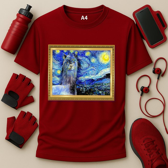Funny Van Gogh Starry Night Llama Alpaca Cooling Performance Crew T-Shirt