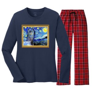 Funny Van Gogh Starry Night Llama Alpaca Women's Long Sleeve Flannel Pajama Set 