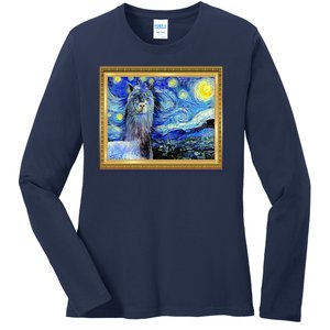 Funny Van Gogh Starry Night Llama Alpaca Ladies Long Sleeve Shirt