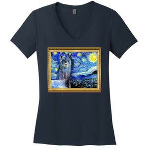 Funny Van Gogh Starry Night Llama Alpaca Women's V-Neck T-Shirt