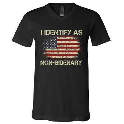 Funny Vintage Grunge American Flag I Identify As Non Bidenary Gift V-Neck T-Shirt