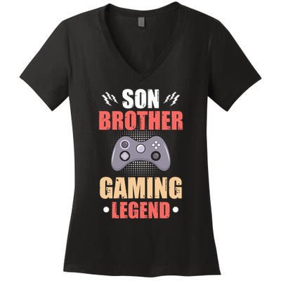 Funny Video Gamer Son Brother Gaming Legend Women's V-Neck T-Shirt