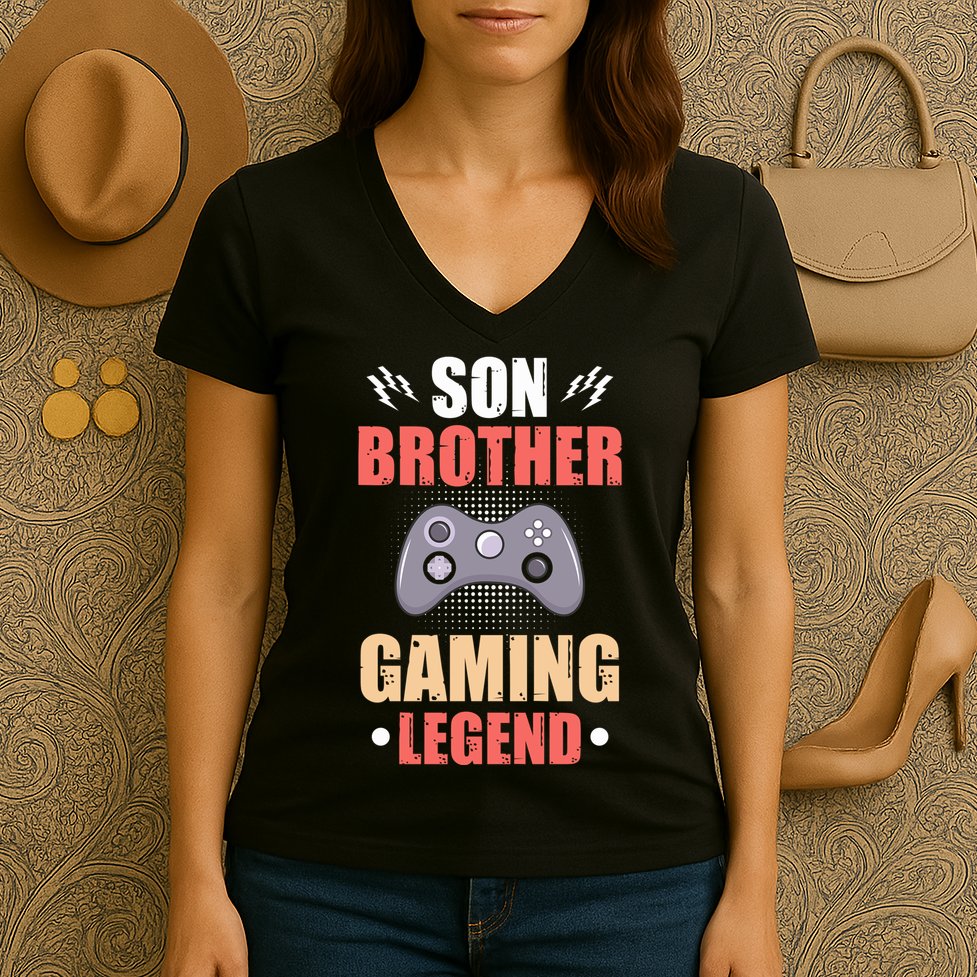 Funny Video Gamer Son Brother Gaming Legend Women's V-Neck T-Shirt