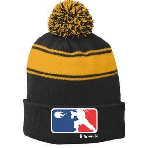 Fighters Video Game League Player Logo Stripe Pom Pom Beanie