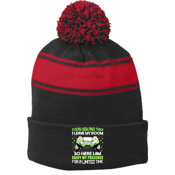 Funny Video Games Every Now And Then I Leave My Room Gaming Stripe Pom Pom Beanie