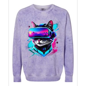 Funny Vr Gamer Cat In Vr Headset Virtual Reality Gaming Colorblast Crewneck Sweatshirt