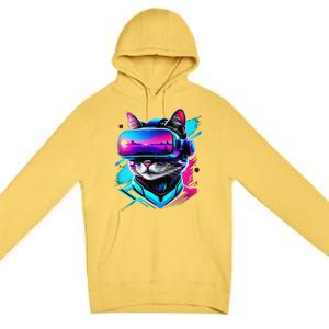 Funny Vr Gamer Cat In Vr Headset Virtual Reality Gaming Premium Pullover Hoodie