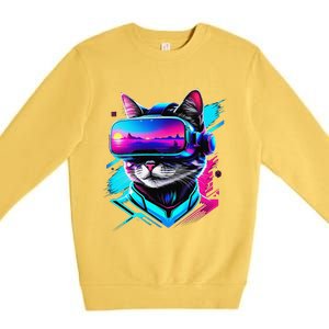 Funny Vr Gamer Cat In Vr Headset Virtual Reality Gaming Premium Crewneck Sweatshirt