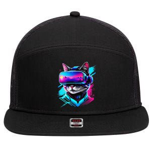 Funny Vr Gamer Cat In Vr Headset Virtual Reality Gaming 7 Panel Mesh Trucker Snapback Hat