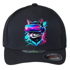 Funny Vr Gamer Cat In Vr Headset Virtual Reality Gaming Flexfit Unipanel Trucker Cap